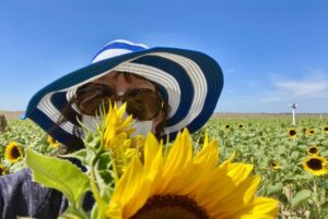 Colleen hiding behind sunflowers in a field